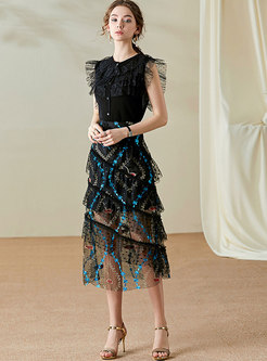Mesh Patchwork Sequine Cake Skirt Suits