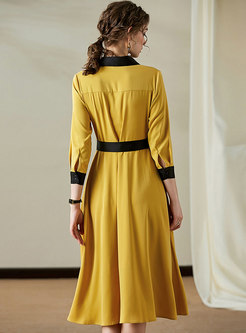 Color Block Belted Lapel Midi Dress