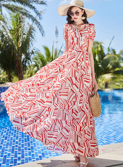 Square Neck Print Beach Chiffon Maxi Dress