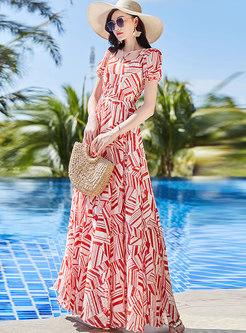 Square Neck Print Beach Chiffon Maxi Dress