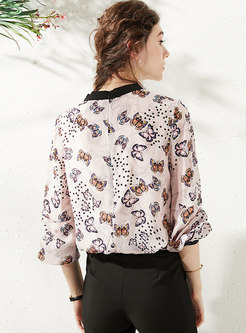 Color-blocked Print Pullover Silk Blouse