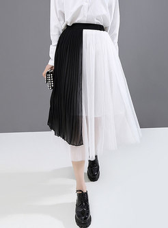 High Waisted Patch Mesh Pleated Skirt