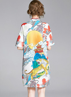 Mandarin Collar Print Loose Cheongsam Dress