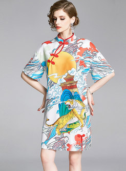 Mandarin Collar Print Loose Cheongsam Dress
