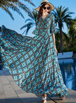 Print Plaid Beach Chiffon Maxi Dress