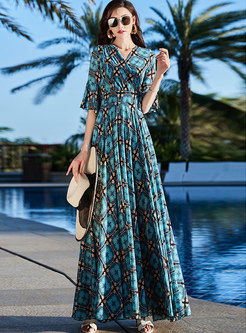 Print Plaid Beach Chiffon Maxi Dress