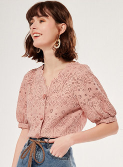 Openwork V-neck Button-front Blouse