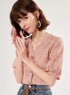 Openwork V-neck Button-front Blouse