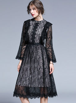 Lace Flare Sleeve Openwork Skater Dress