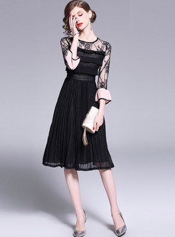 Flare Sleeve Patchwork Pleated Dress