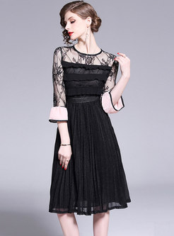 Flare Sleeve Patchwork Pleated Dress