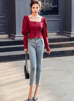 Square Neck Puff Sleeve Short Blouse