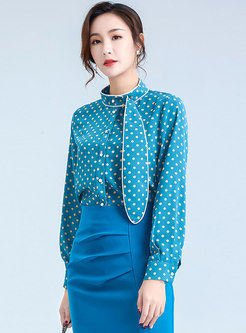Stand Collar Polka Dot Tie Blouse