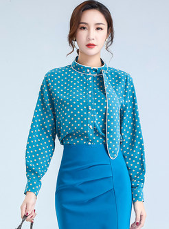 Stand Collar Polka Dot Tie Blouse