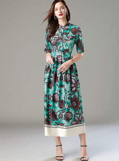 Print Stand Collar Pleated Maxi Dress