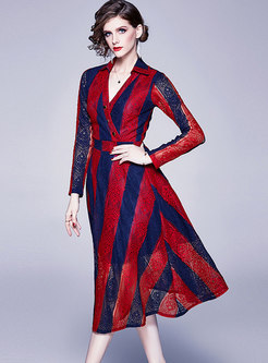 Color Block Lace Slim Midi Dress