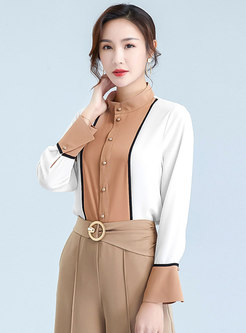 Color Block Stand Collar Chiffon Blouse