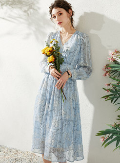Floral V-neck Gathered Waist Midi Dress