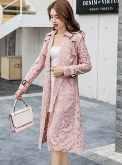 Lace Openwork Belted Trench Coat