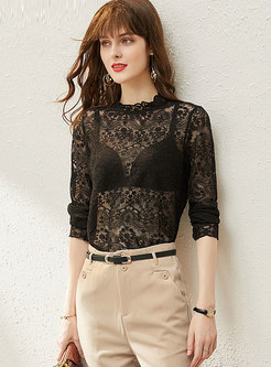 Lace Mock Neck Openwork Pullover Blouse