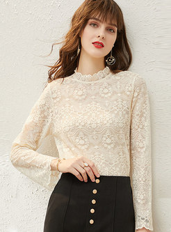 Lace Mock Neck Openwork Pullover Blouse
