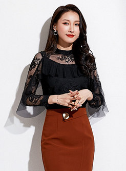 Stand Collar Lace Openwork Blouse