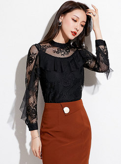 Stand Collar Lace Openwork Blouse