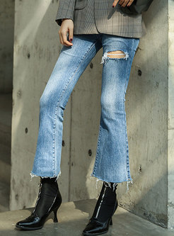 Denim Ripped Cropped Flare Pants