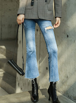 Denim Ripped Cropped Flare Pants