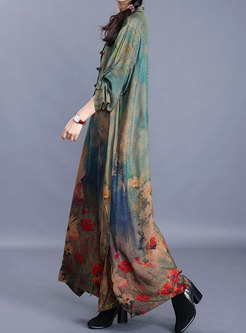 Print Lapel Side-slit Loose Maxi Dress