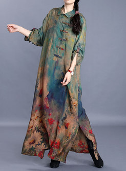 Print Lapel Side-slit Loose Maxi Dress
