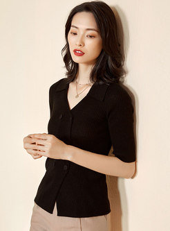 Double-breasted Lapel Slim Knit Top