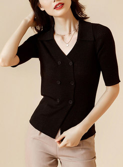 Double-breasted Lapel Slim Knit Top