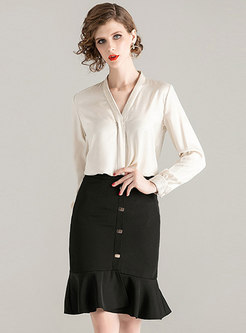 V-neck High Waisted Peplum Skirt Suits