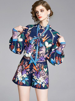 Stand Collar Print Bowknot Pant Suits