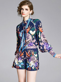 Stand Collar Print Bowknot Pant Suits