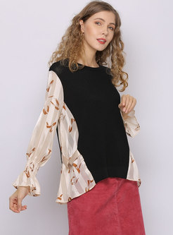 Print Flare Sleeve Patchwork Knit Top