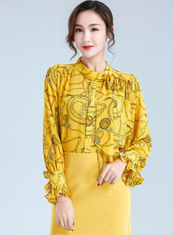 Floral Stand Collar Bowknot Blouse