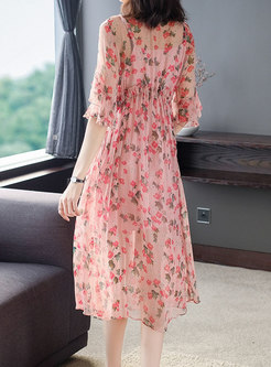 Flare Sleeve Floral Silk Midi Dress