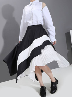 Patchwork Asymmetric Color-blocked Pleated Skirt
