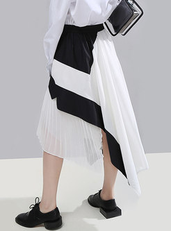Patchwork Asymmetric Color-blocked Pleated Skirt