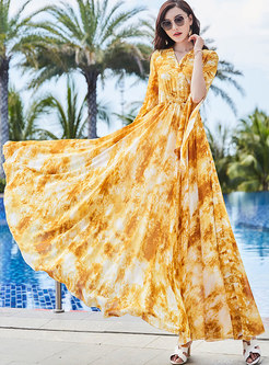 Print Chiffon Slim Beach Maxi Dress