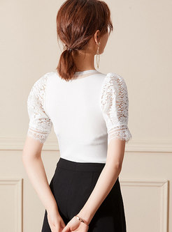 Lace Patchwork Openwork Slim Knit Top