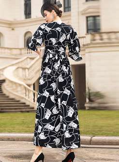 Print Flare Sleeve Slit Maxi Dress