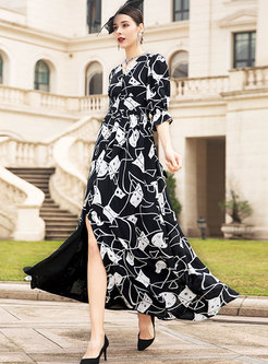 Print Flare Sleeve Slit Maxi Dress