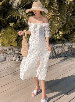 Off-the-shoulder Tied Slit Maxi Beach Dress