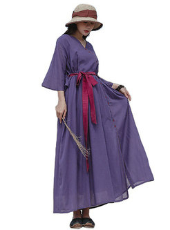 Color Block V-neck Wrap Linen Maxi Dress