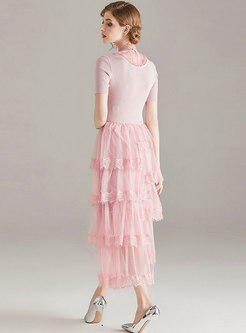 Lace Splicing Stand Collar Cake Dress