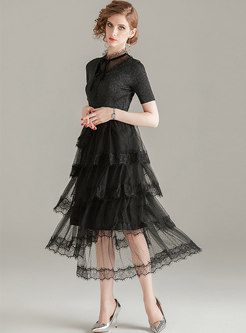Lace Splicing Stand Collar Cake Dress
