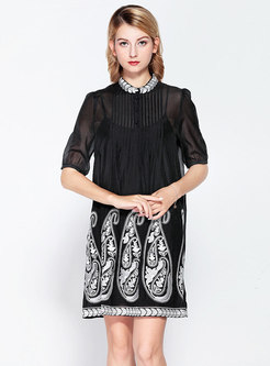 Embroidered Stand Collar Ruched Shift Dress